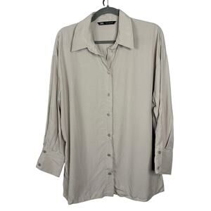 Zara Button Down Long Sleeve Shirt Oversized Minimalist Chic Casual Beige Size M